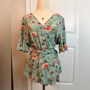 LOFT Floral Wrap Blouse - Green and Pink